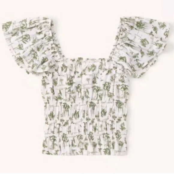 Abercrombie & Fitch Tops - Abercrombie & Fitch Flutter Sleeve Smocked Crop Top | Palm Tree Print | Medium